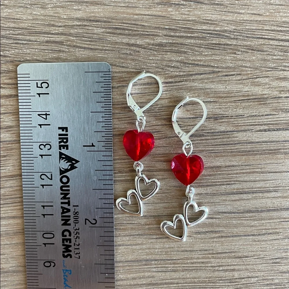 HAND CRAFTED RED CRYSTAL & DOUBLE HEART DROP EARRINGS Faceted Red Crystal Hearts